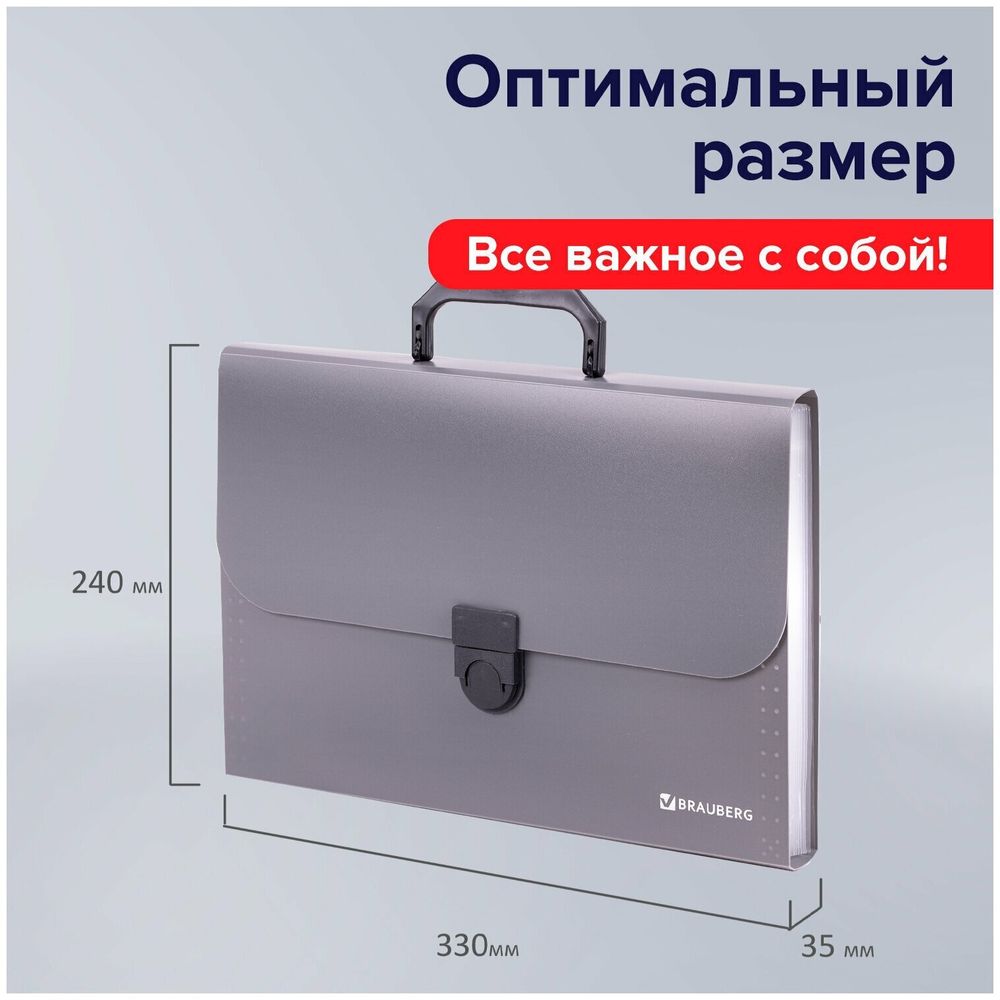 Папка-портфель пластиковая BRAUBERG "ПРОЕКТ", А4 (330х240х35 мм), 13 отделений, серый, РОССИЯ, 226027