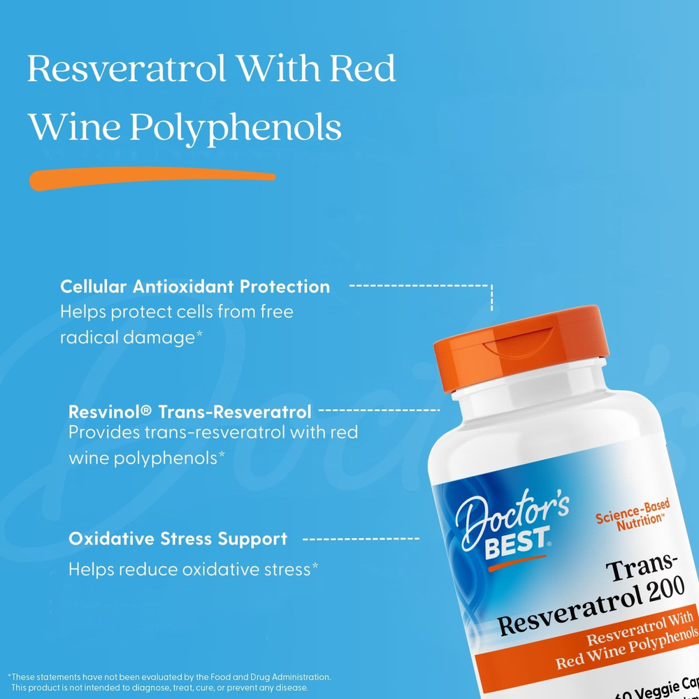 Doctor's Best, транс-ресвератрол 200 с Resvinol, 200 мг, 60 вегетарианских капсул