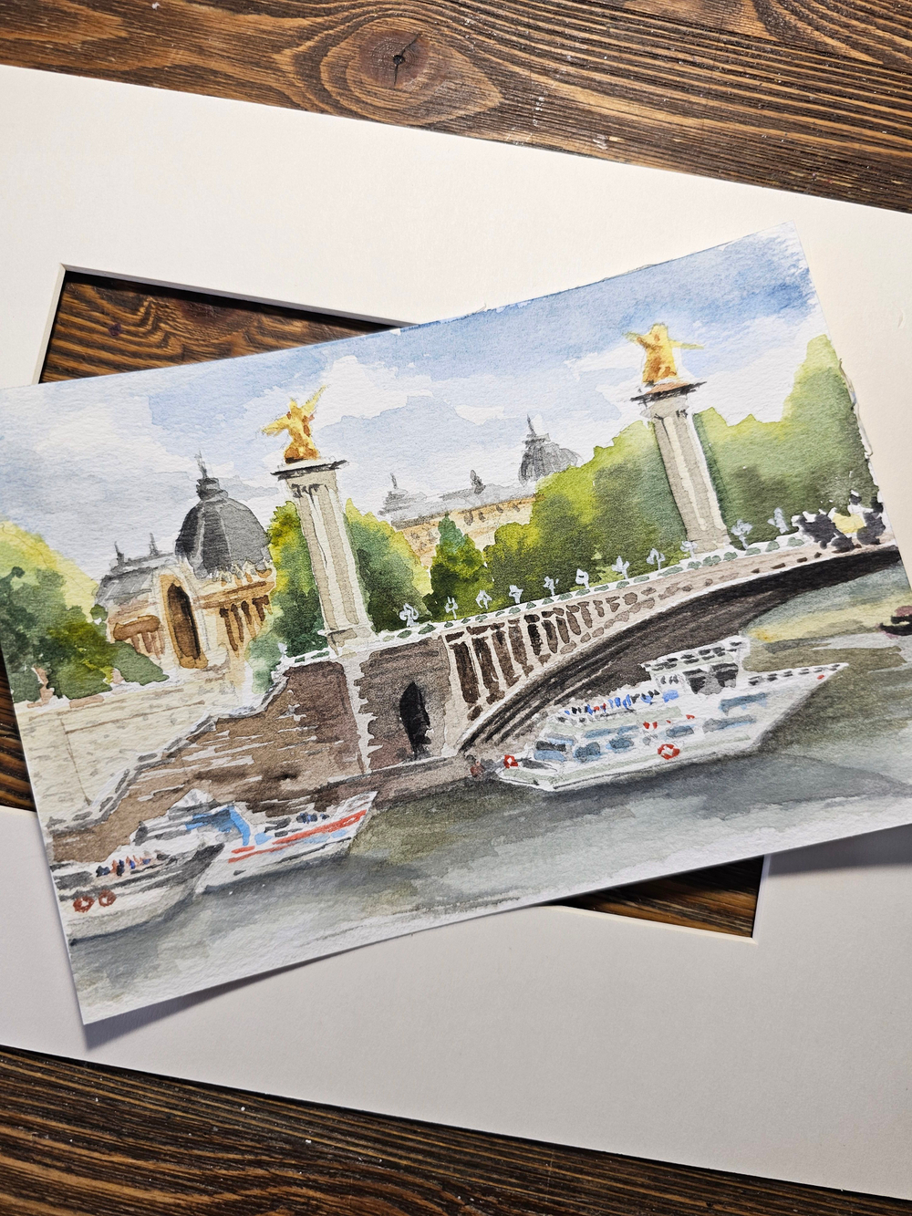 Картина авторская акварельная в паспарту 21х30 см на стену для интерьера "Мост Александра III. Париж"