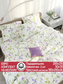 Постельное белье "Горошек" евро  наволочки 50х70 2шт Простынь на резинке 180х200 см Пододеяльник 200х215 см Сказка сатин