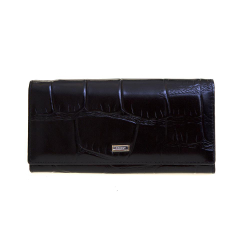 Большой стильный женский кожаный под крокодила чёрный кошелёк портмоне клатч из натуральной кожи 18х9 см Coscet CS33-01A в коробке
