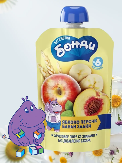 Фруктовое пюре Яблоко Персик Банан Злаки без Сахара / 90 г / дой-пак / ТМ Бегемотик Бонди