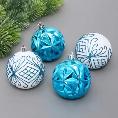 Новогодние шары 7 см (набор 4 шт) «Симфония леса», голубой/белый