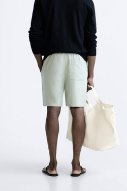 ZARA ШОРТЫ-БЕРМУДЫ ИЗ ВИЗКОЗЫ И ЛЬНА, ВОДЯНИСТЫЙ ЗЕЛЕНЫЙ
