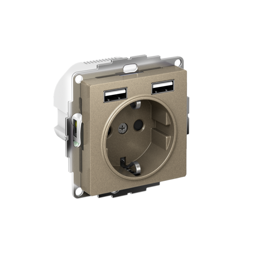 Розетка 1-м СП AtlasDesign 16А IP20 с 2-мя заряд. устройствами USB тип A+A 5В/2.4А 2х5В/1.2А механизм шампань SE ATN000530