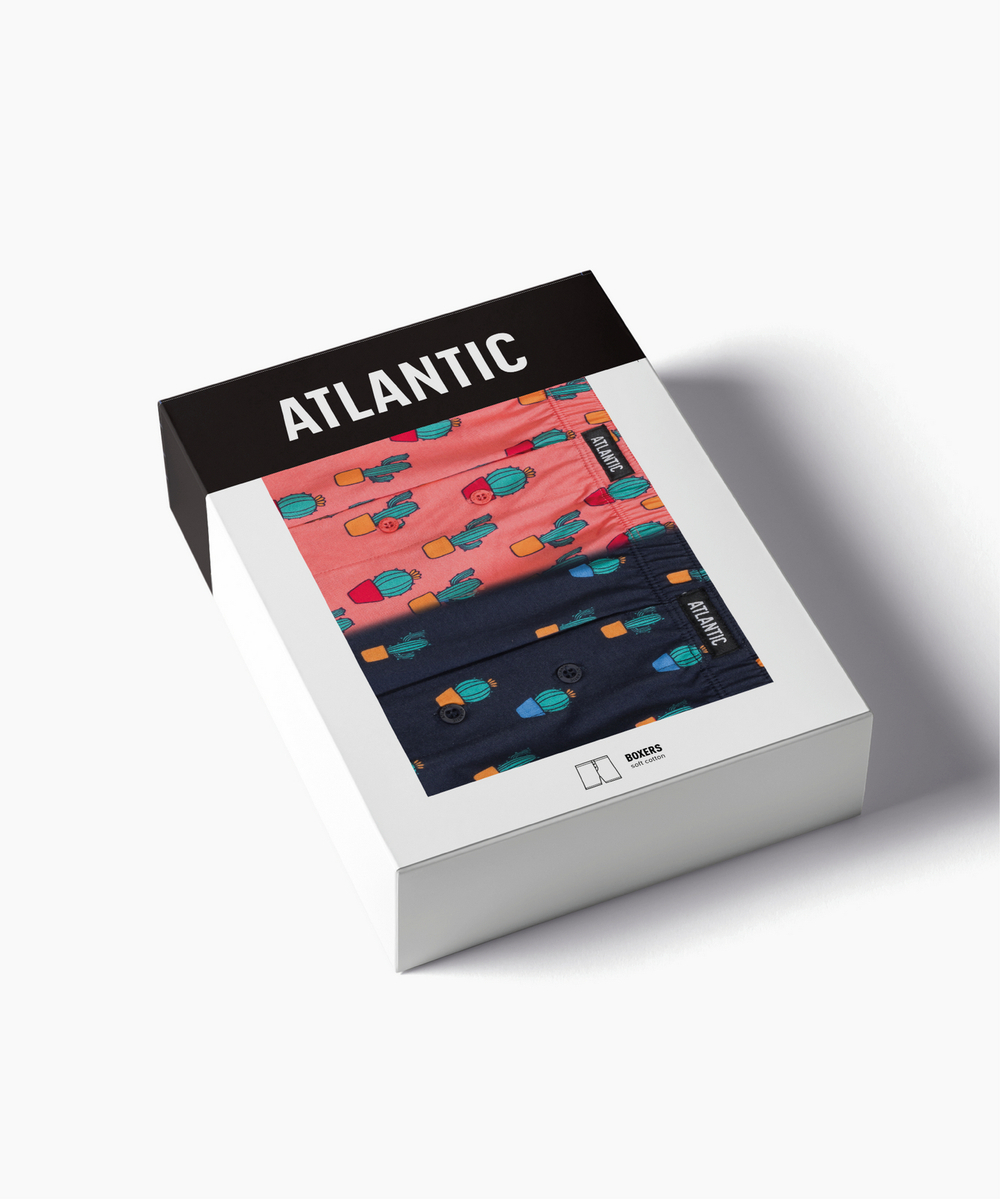 Мужские трусы боксеры Atlantic, набор из 2 шт., хлопок, темно-синие + коралловые, 2MBH-005