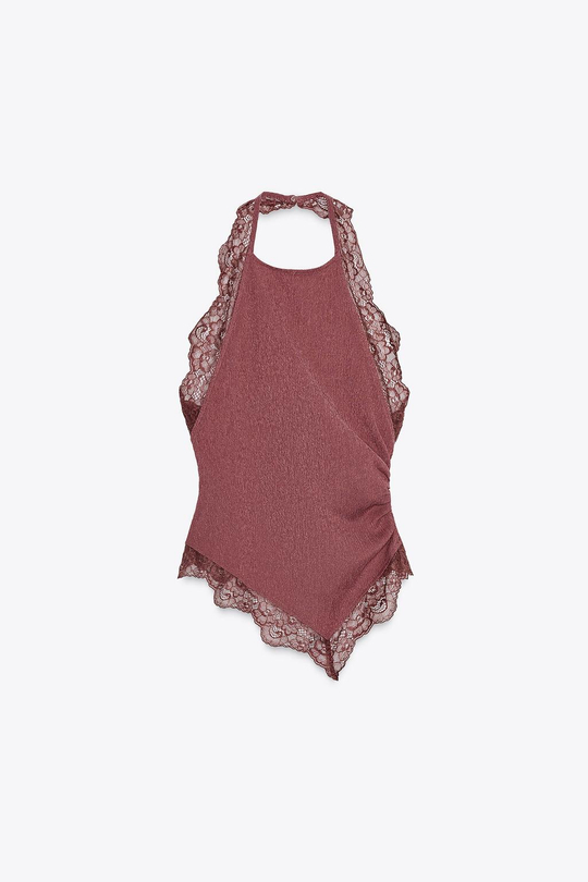 ZARA ТЕКСТУРИРОВАННЫЙ ТОП-ХАЛТЕР С КРУЖЕВОМ, ТЕМНО-РОЗОВЫЙ