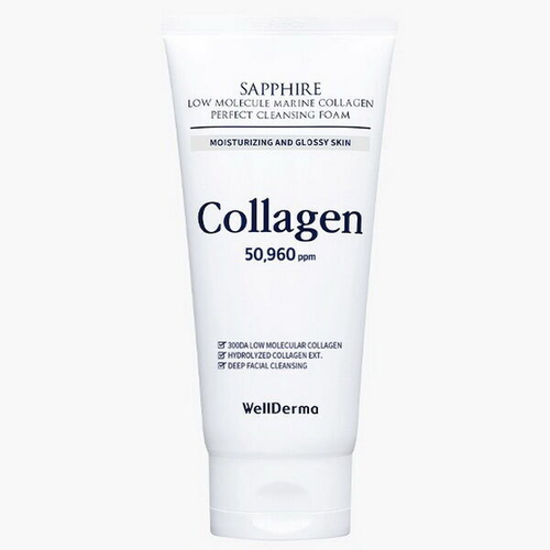 Пенка для умывания с низкомолекулярным коллагеном WellDerma Sapphire Low Molecule Marine Collagen Perfect Cleansing Foam, 150г