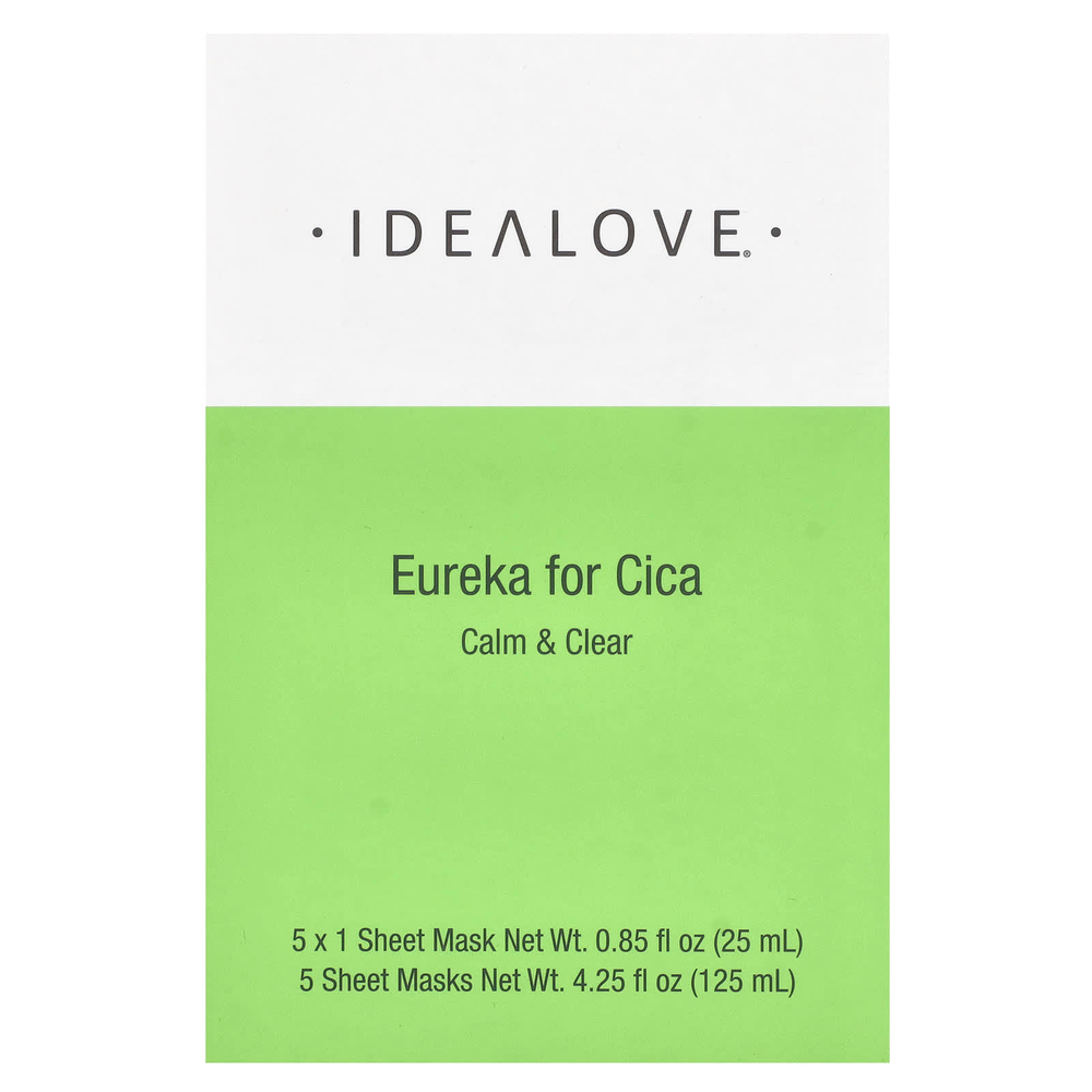 Idealove, Eureka for Cica, 5 тканевых косметических масок, 25 мл (0,85 жидк. унции) каждая