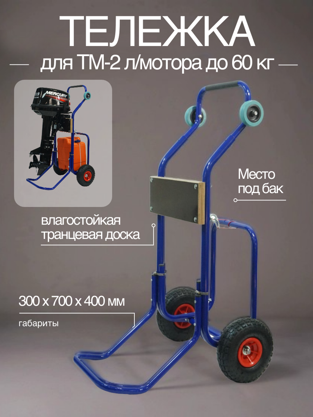 Тележка для лодочного мотора до 60кг с местом под бак (ТМ-2)
