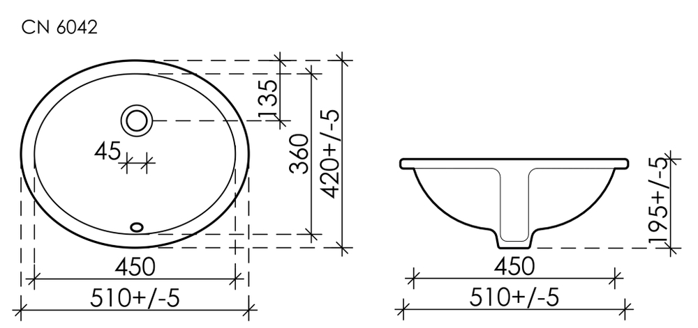 Умывальник овальный встраиваемый под столешницу Element 510*420*195мм, с крепежом и шаблоном для установки