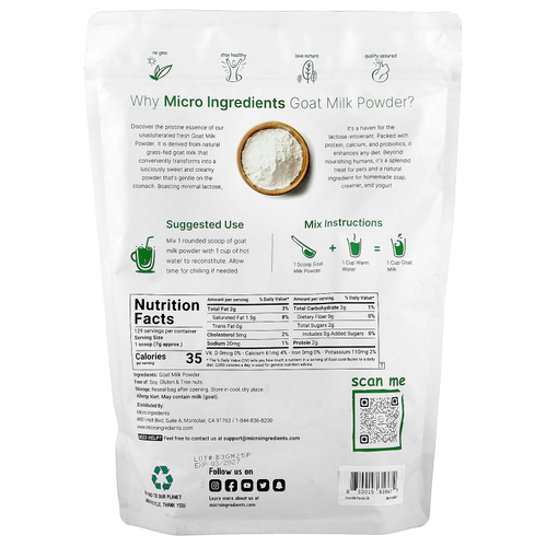 Micro Ingredients, Сухое козье молоко, 907 г (2 фунта)
