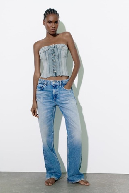 ZARA ДЖИНСОВЫЙ ТОП В БЕЛЬЕВОМ СТИЛЕ TRF, ГОЛУБОЙ