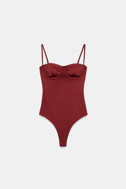 ZARA КРУЖЕВНОЕ БОДИ ИЗ ПОЛИАМИДА, ТЕМНЫЙ ЧЕРЕПИЧНЫЙ