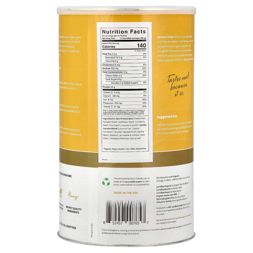 Sprout Living, Epic Protein®, органический растительный протеин и суперпродукты, ваниль и лукума, 912 г (2 фунта)