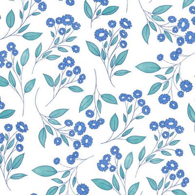 Мелкие голубые цветочки на белом фоне. Ручной рисунок.