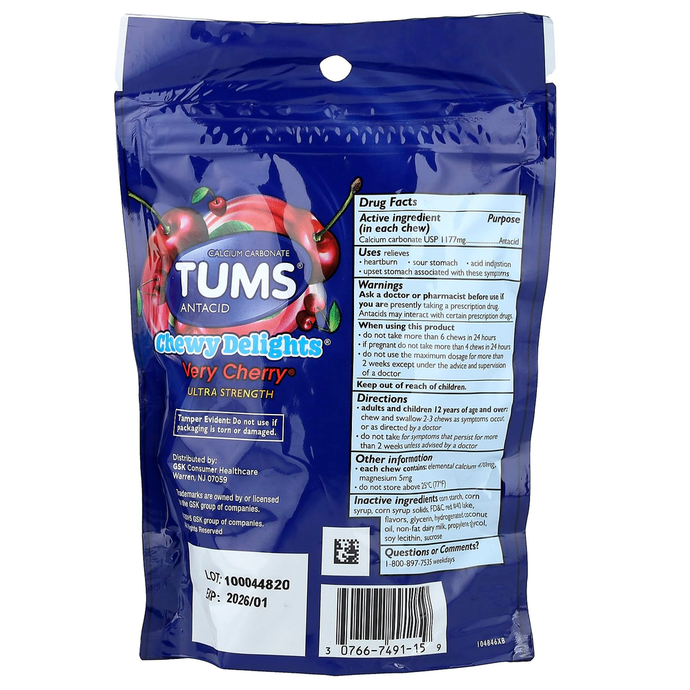 Tums, Chewy Delights®, антацид, повышенная сила действия, Every Cherry®, 32 жевательных таблетки (1177 мг в 1 жевательной таблетке)