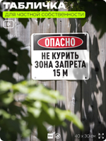 Табличка для частной территории "Опасно, не курить, зона запрета 15 м", на дом, для участка и организаций, предупреждающая, 40х30 см, Silver Plane x Айдентика Технолоджи