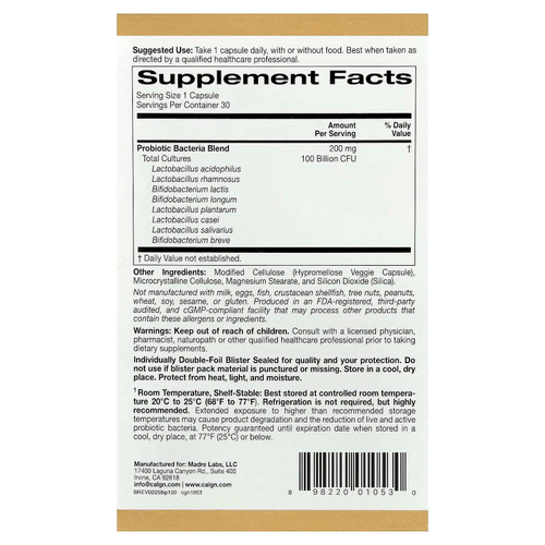 California Gold Nutrition, LactoBif® 100, пробиотики, 100 млрд КОЕ, 30 растительных капсул