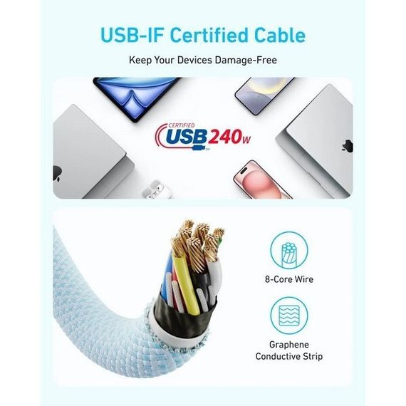 Кабель Anker Zolo Fast Charging USB-C - USB-C 240W 0.9 м (A8060H21) White