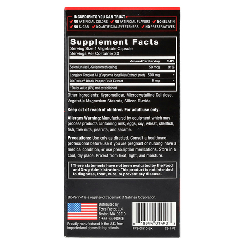 Force Factor, Longjack Tongkat Ali, эврикома длиннолистная, 500 мг, 30 капсул