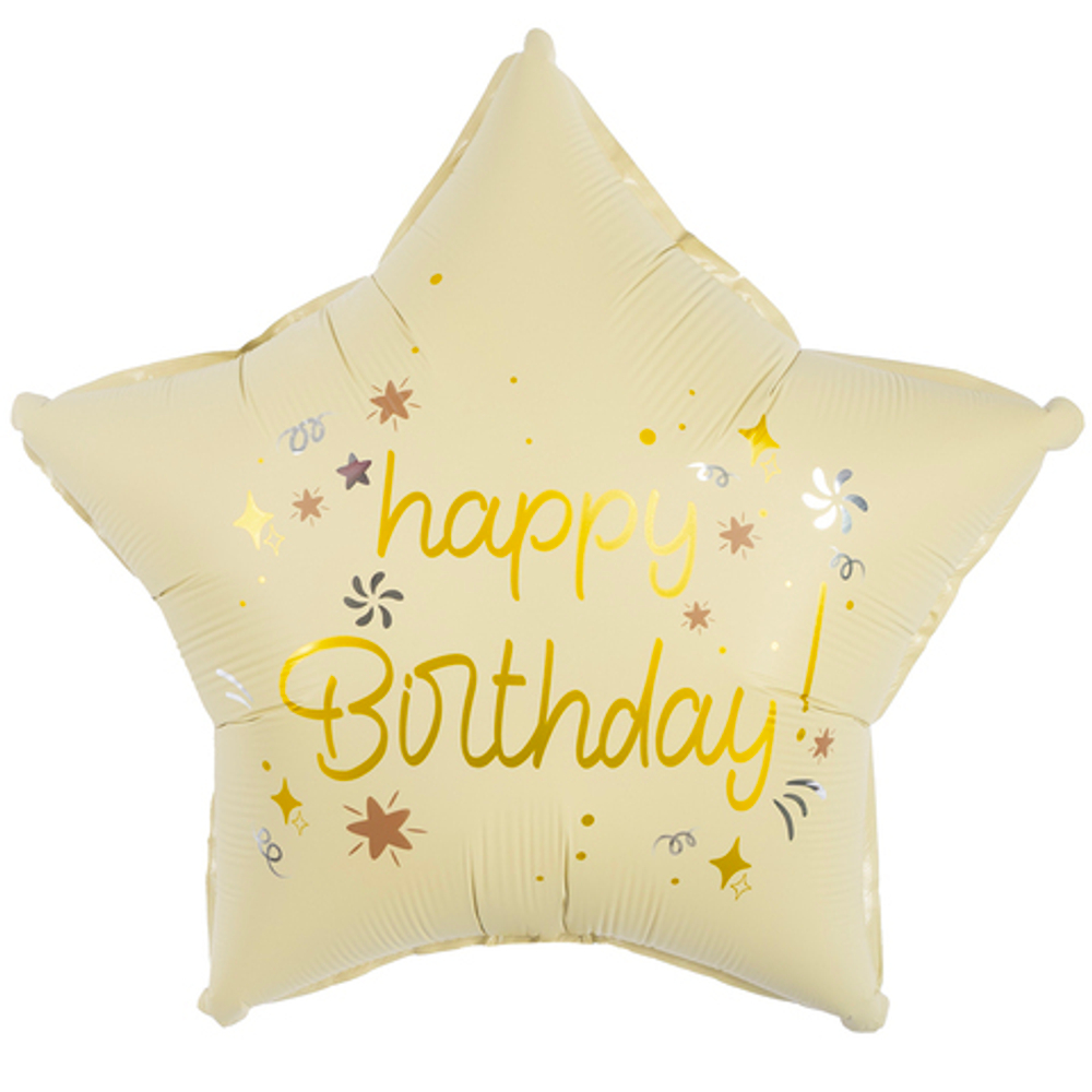 К 18"/46 см, Звезда, Happy Birthday (праздничные искры), Кремовый, Сатин, 1 шт. (В упаковке)