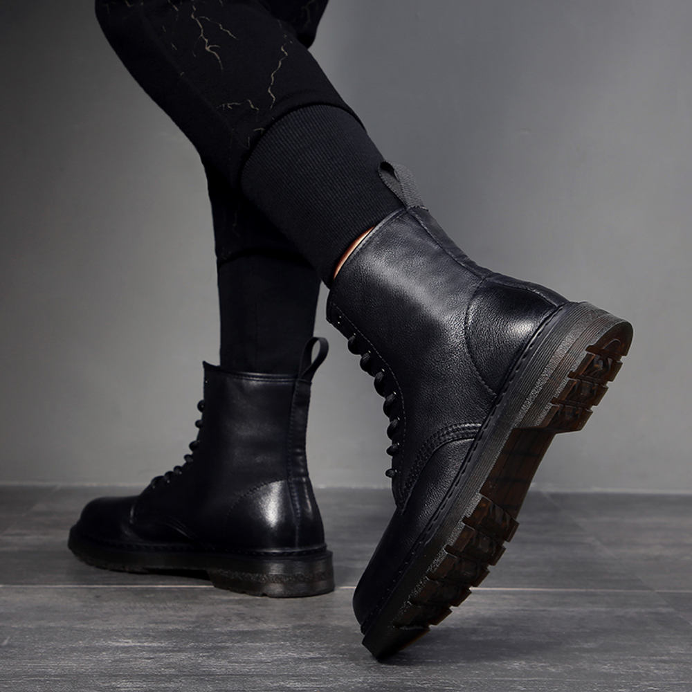 Devanro Cow Leather Short Combat Boots Men"s Black