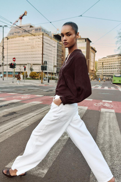 ZARA БЛУЗА С ВЫШИВКОЙ, КОРИЧНЕВЫЙ