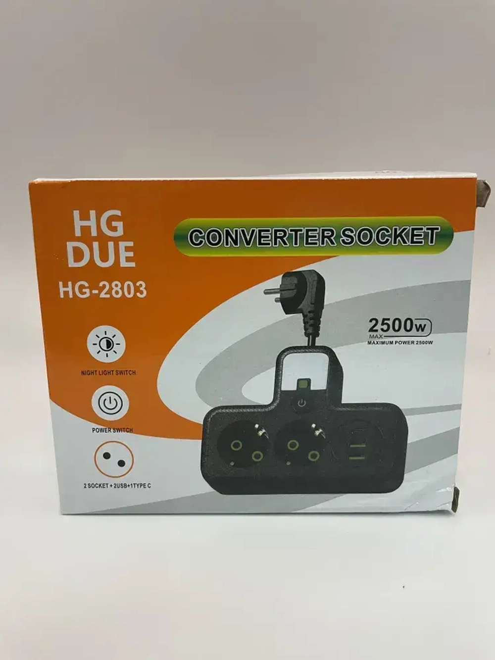 Разветвитель электрический, черный, 2 розетки, 2 USB, 1Type-C гибкий провод