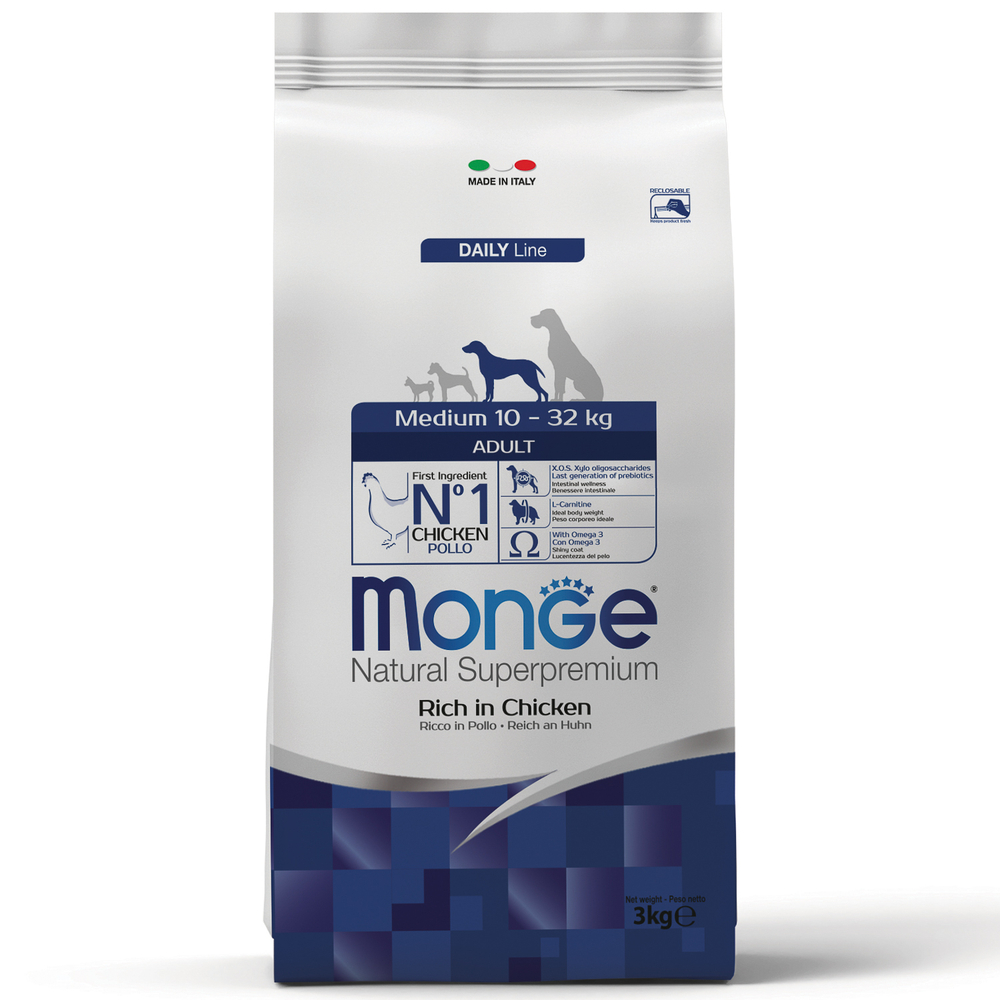 Monge Dog Daily Line Medium 10-32 кг Сухой корм для взр. собак средних пород из Курицы, 3 кг.