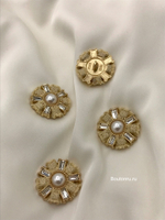 Пуговицы золотые со стразами и жемчугом в форме цветка с твидовой желтой тесьмой