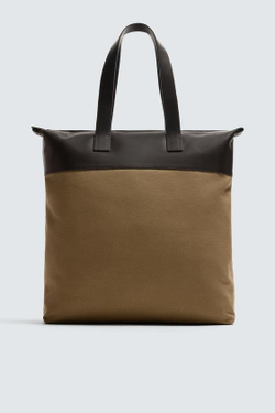 ZARA СУМКА-ШОПЕР С КОЖАНЫМИ ДЕТАЛЯМИ, РЫЖЕВАТО-КОРИЧНЕВЫЙ