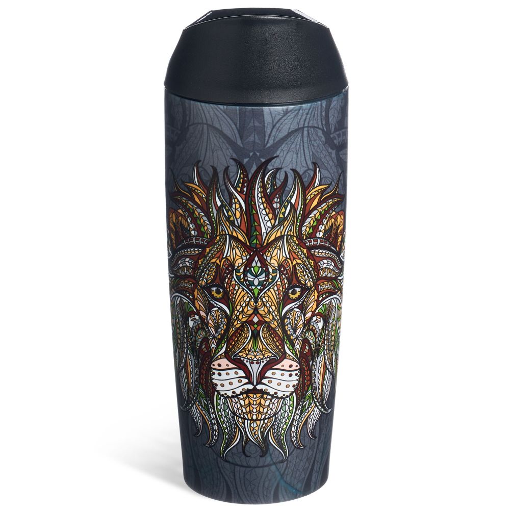 ТЕРМОКРУЖКА AGNESS "ЛЕВ" С КНОПКОЙ-СТОППЕРОМ, 360МЛ КОЛБА НЕРЖ.СТАЛЬ 18/10