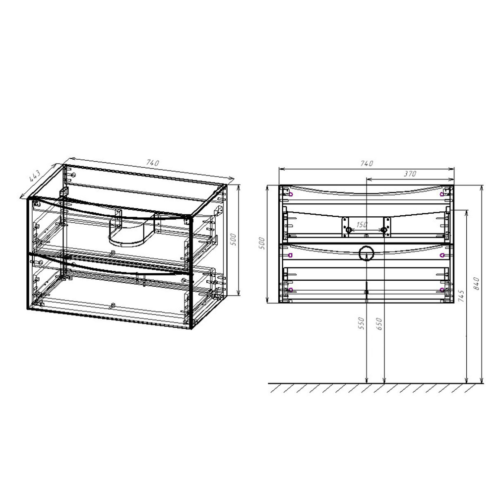База под раковину Mia 750 подвесная, 2 выкатных ящика soft close, R.Wood, , шт
