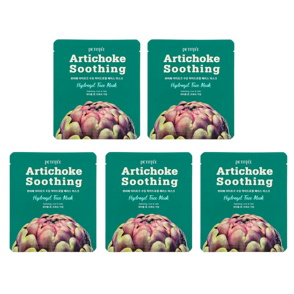 Petitfee, Artichoke Soothing, успокаивающая гидрогелевая маска для лица с артишоком, 5 шт., по 32 г (1,12 унции)