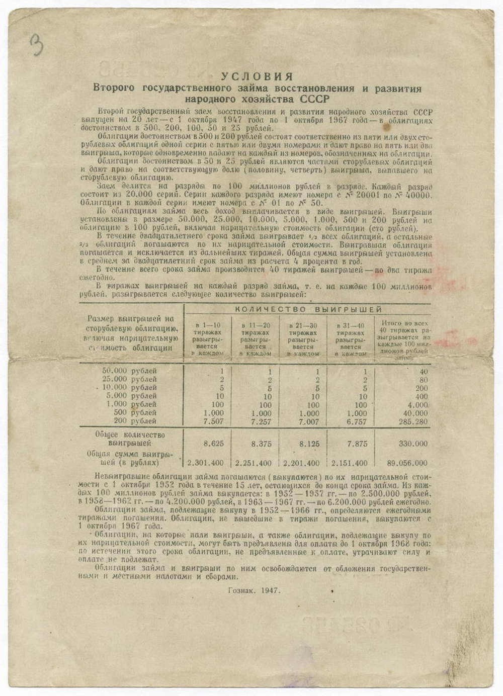 Облигация 100 рублей 1947 год. 2-ой заем восстановления и развития народного хозяйства. Серия № 025458. F-VF