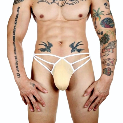 Бежевые сексуальные трусы-стринги на тонких белых бретелях (Размер: M) (Цвет: бежевый с белым)