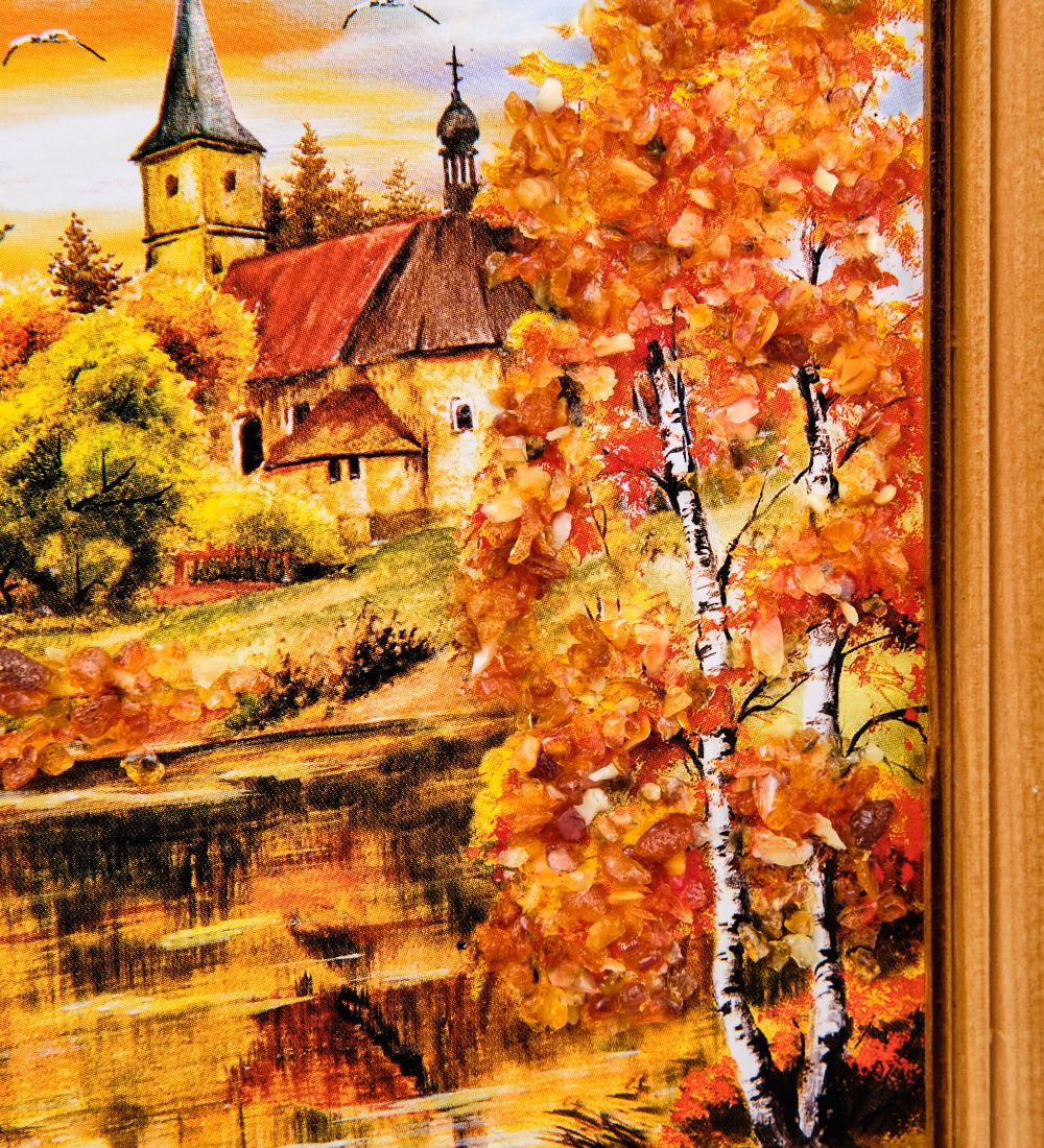 AMB-74/55 Картина «Часовня в лесу» (с янтарной крошкой) дер.краш.рамка 12х15