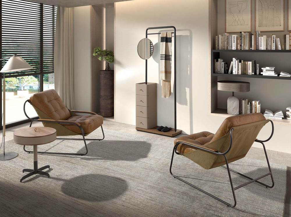 Вешалка для одежды 3281 из кожи, ореха и черной стали с зеркалом