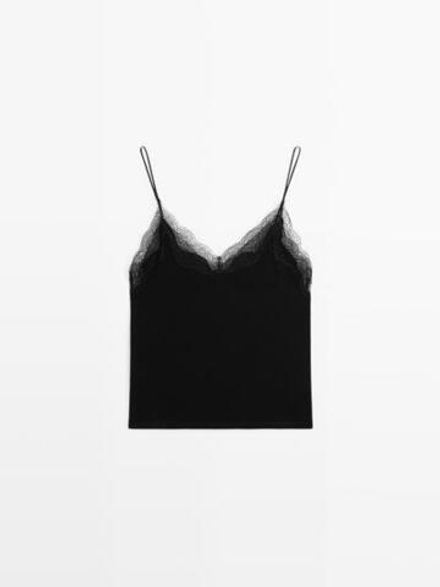 Massimo Dutti Топ в бельевом стиле с кружевом, черный