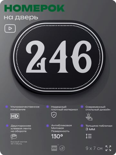 Номерок на дверь квартиры 246, для кабинета, офиса, шильдик 9 х 7 см, черный, Айдентика Технолоджи