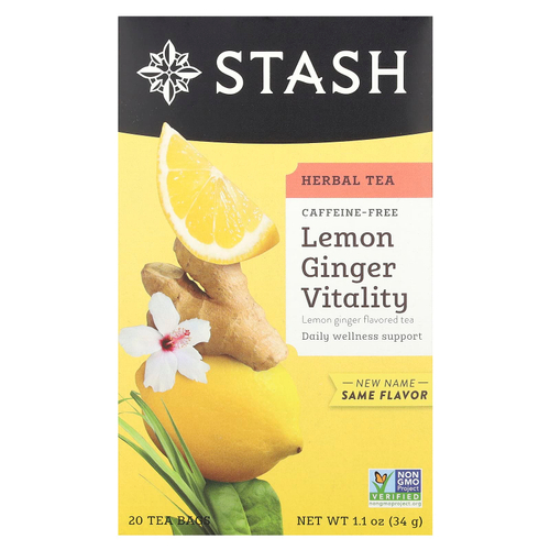Stash Tea, травяной чай, лимон и имбирь, без кофеина, 20 чайных пакетиков, 34 г (1,1 унции)