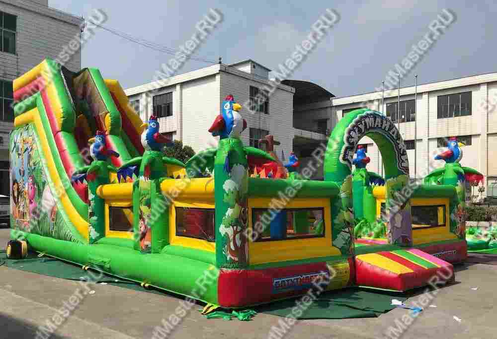 Надувной батут "Джунгли малый" с птичками на столбиках, размер 10*7*5 м