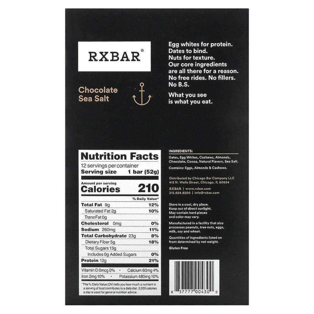 RXBAR, Protein Bar, шоколадная морская соль, 12 батончиков, 52 г (1,8 унции)