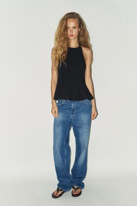 ZARA ТОП ИЗ ЭЛАСТИЧНОЙ ТКАНИ С БАСКОЙ, ЧЕРНЫЙ