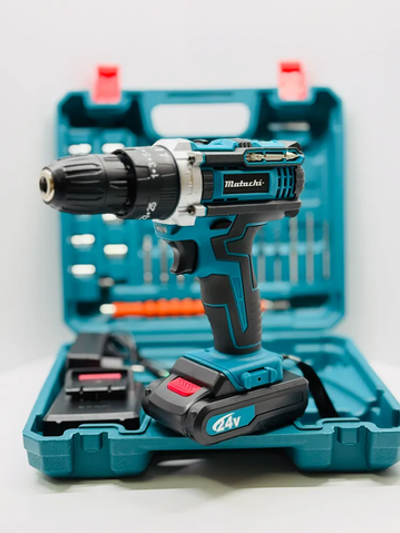 Дрель шуруповерт ударный аккумуляторный, 2 АКБ 24В , 24 насадки и зарядная станция в наборе