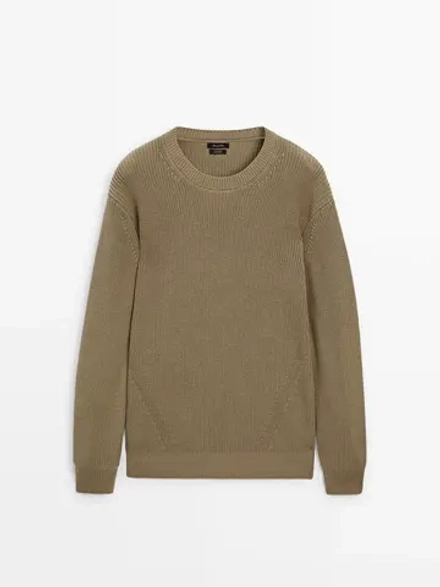 Massimo Dutti Свитер из хлопка букле с круглым вырезом, хаки