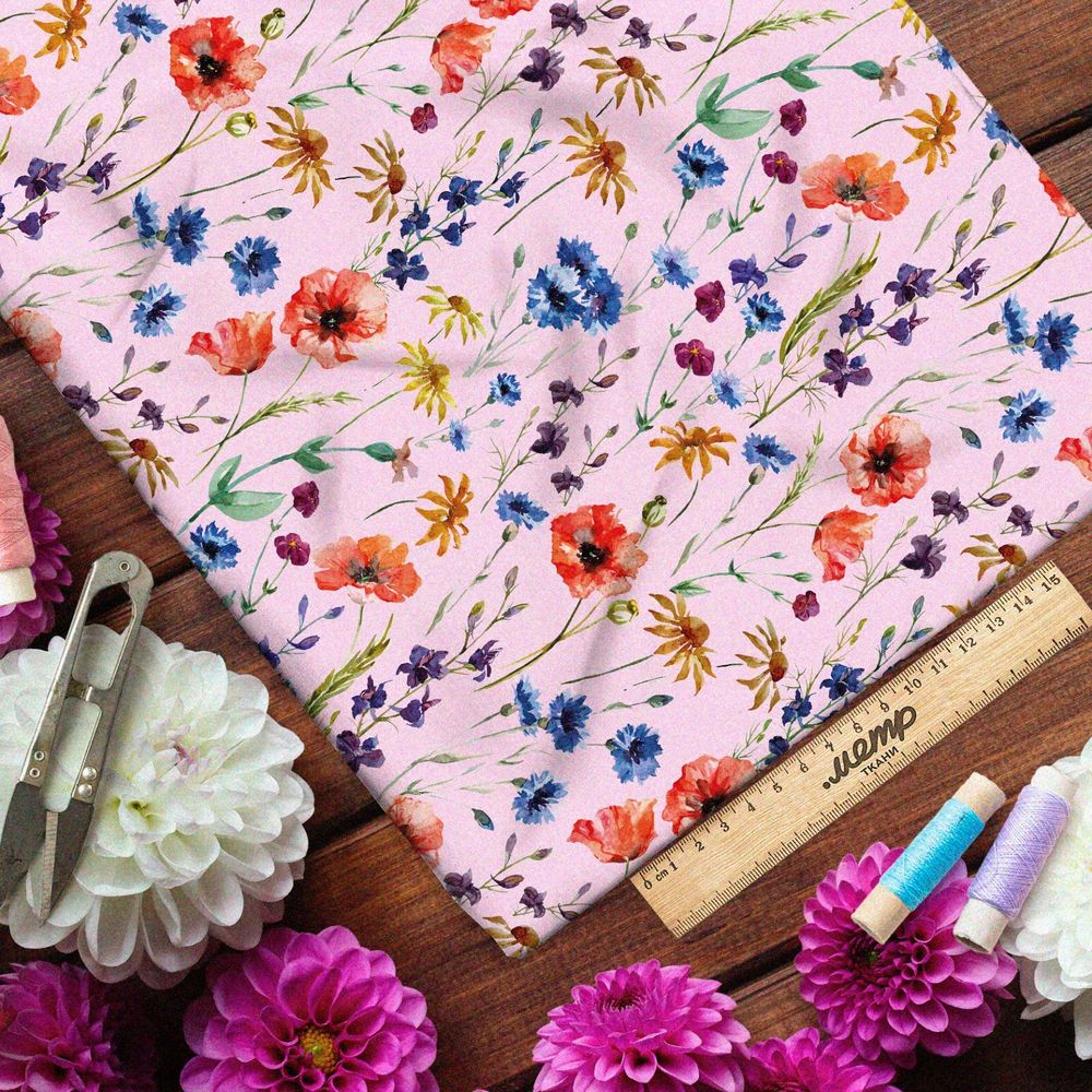 Ткань дюспо маки, васильки, ромашки и колокольчики