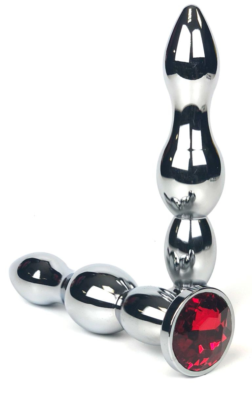 Серебристая удлиненная анальная пробка-ёлочка с красным кристаллом - 12 см. (Цвет: красный)