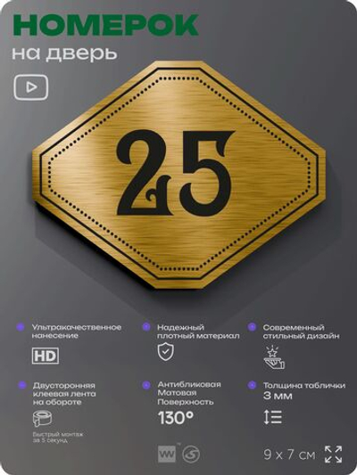 Номерок на дверь квартиры 25, для кабинета, офиса, шильдик 9 х 7 см, золотистый, Айдентика Технолоджи